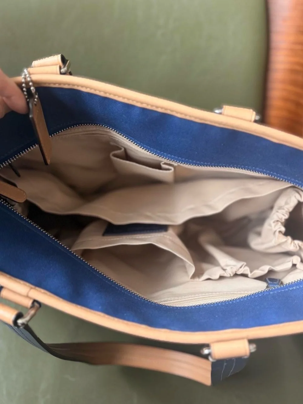Coach Premium Voyager Blue Canvas Tote with Tan Leather Trim Tote Bag